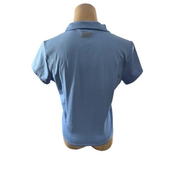 "DKNY Sport" Cropped Blue Polo Shirt SZ  L Buttons Gym Workout Activewear Run - Picture 2 of 7